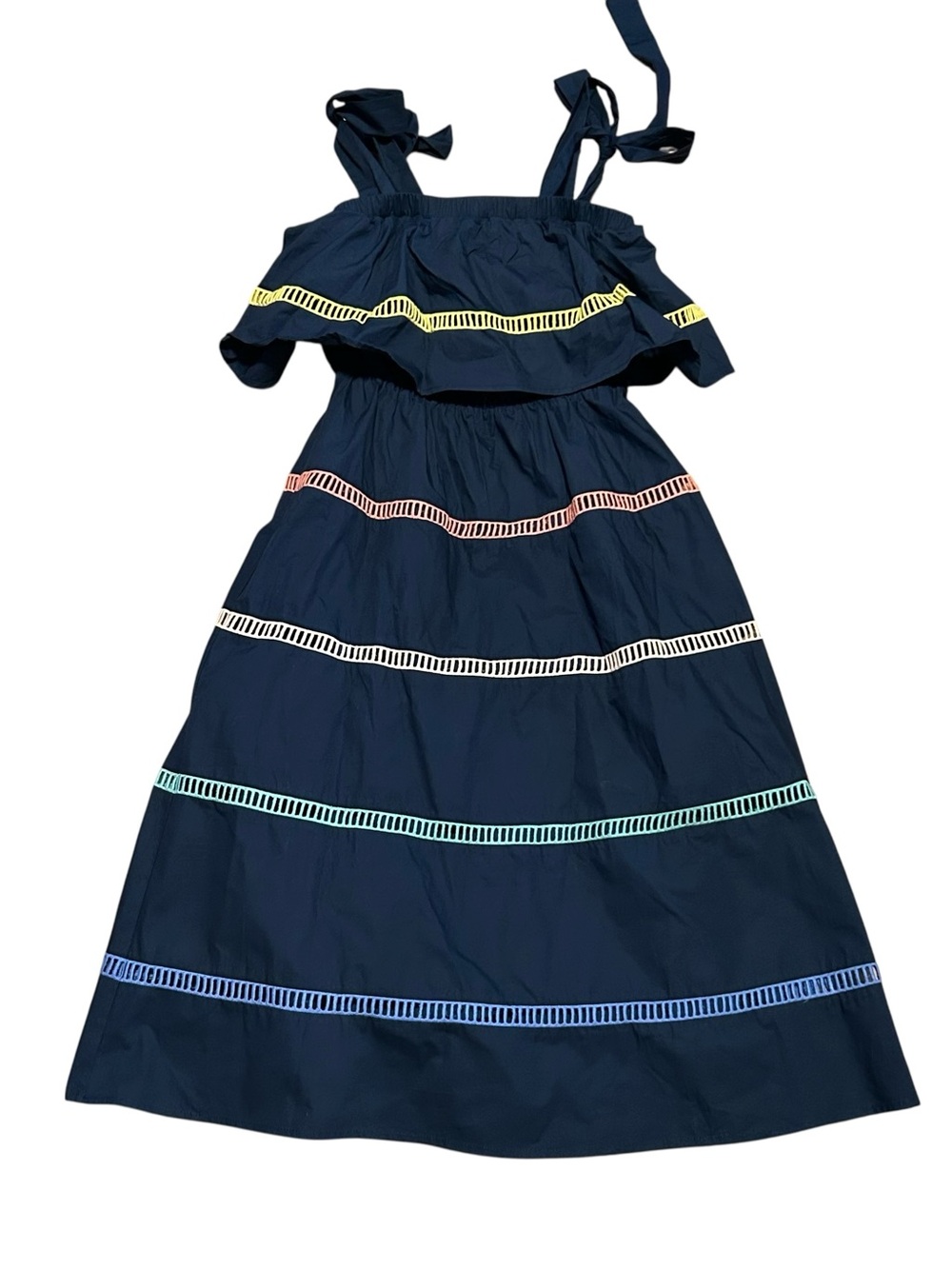 New English Factory Tiered Ruffle Dress Navy Size XS Tank Lace Ric Rack